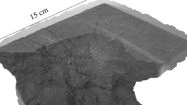 Modelo tridimensional del impacto con un AK-47 en una de las muestras de piedra arenisca
