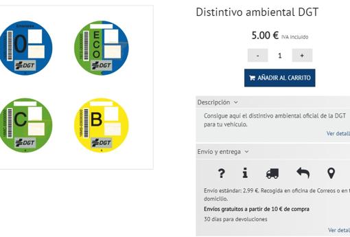 Página web de Correos para solicitar la pegatina de la DGT