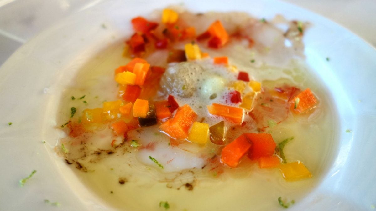 Carpaccio de langostinos con puré de cebollas oscuras y aceite de katsoubushi