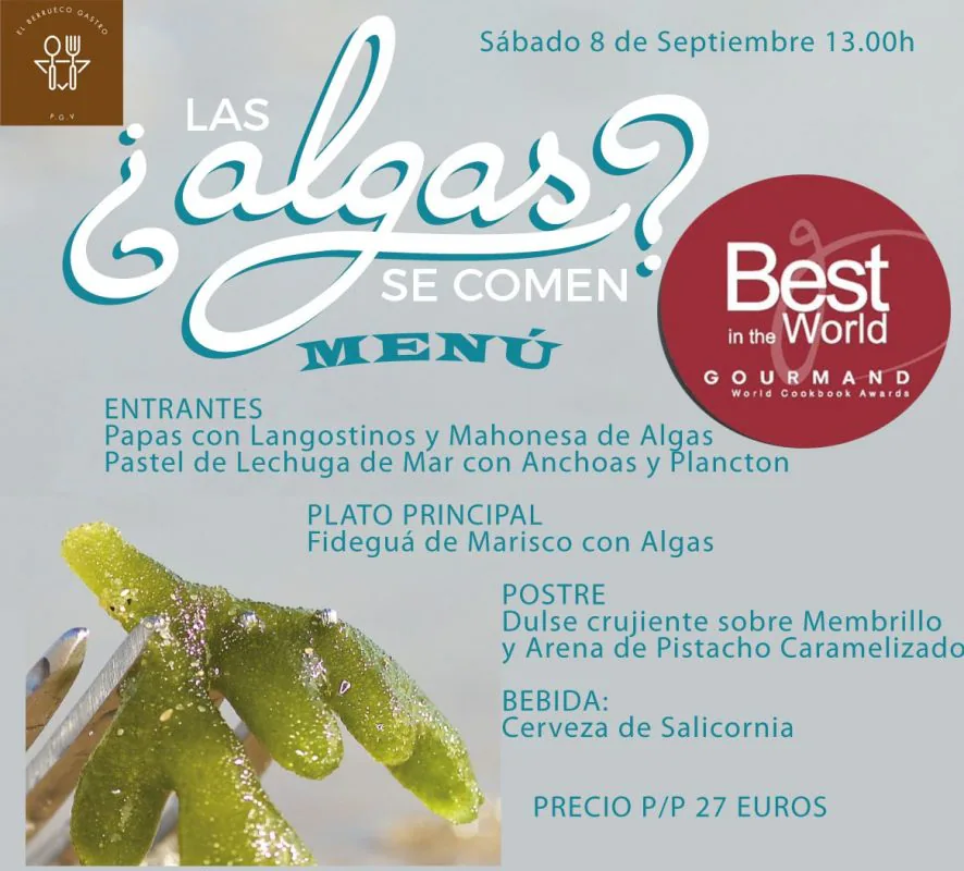 Cartel con el menú de la jornada dedicada a las algas en la Peña Gastronómica El Berrueco.