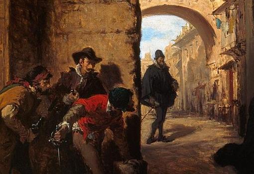 Óleo de Lorenzo Vallés que recrea la emboscada que los sicarios de Antonio Pérez hicieron a Juan de Escobedo