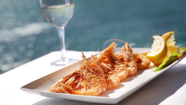 Plato de gambas del restaurante del Parador de Cádiz