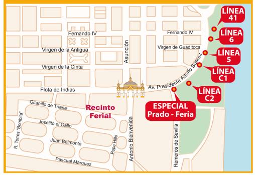 Ubicación de las paradas de autobús en la Feria de Abril de Sevilla 2019